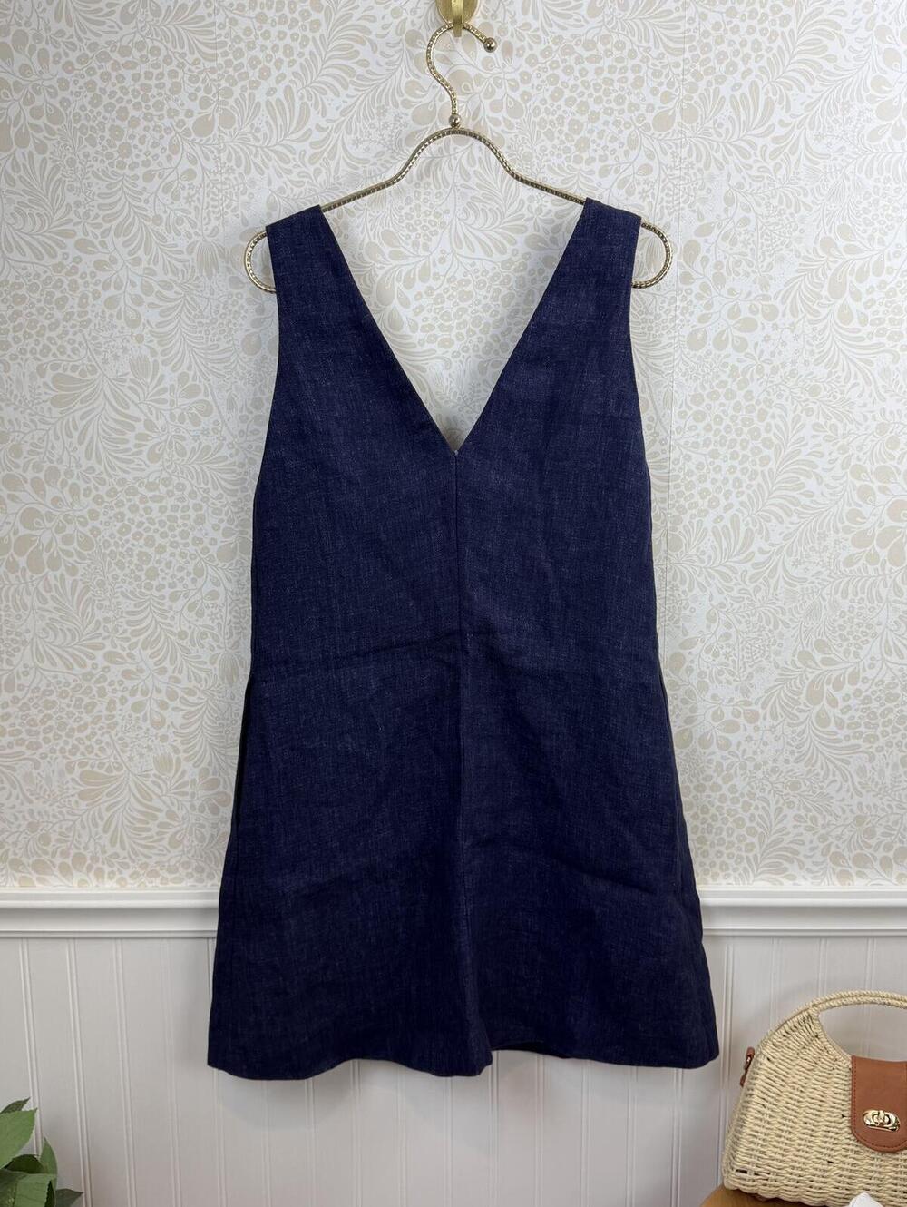 Theory Navy Linen Sleeveless V-Neck Shift Mini Dress - Size - Small - Picture 2 of 6